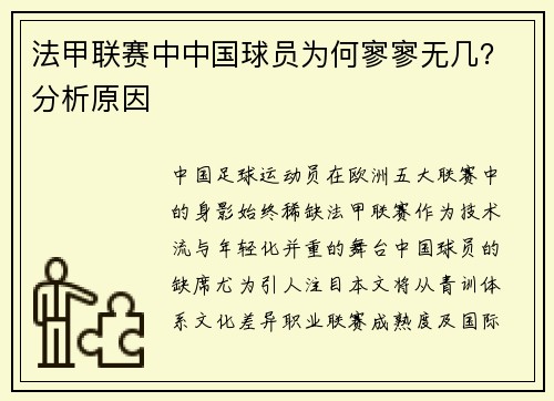法甲联赛中中国球员为何寥寥无几？分析原因