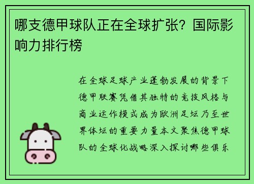 哪支德甲球队正在全球扩张？国际影响力排行榜